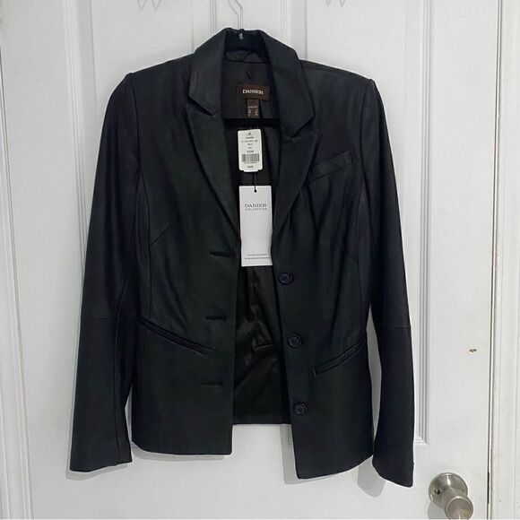 Danier Black Leather Fitted Jacket Lined Womens Size XXS - Picture 1 of 7
